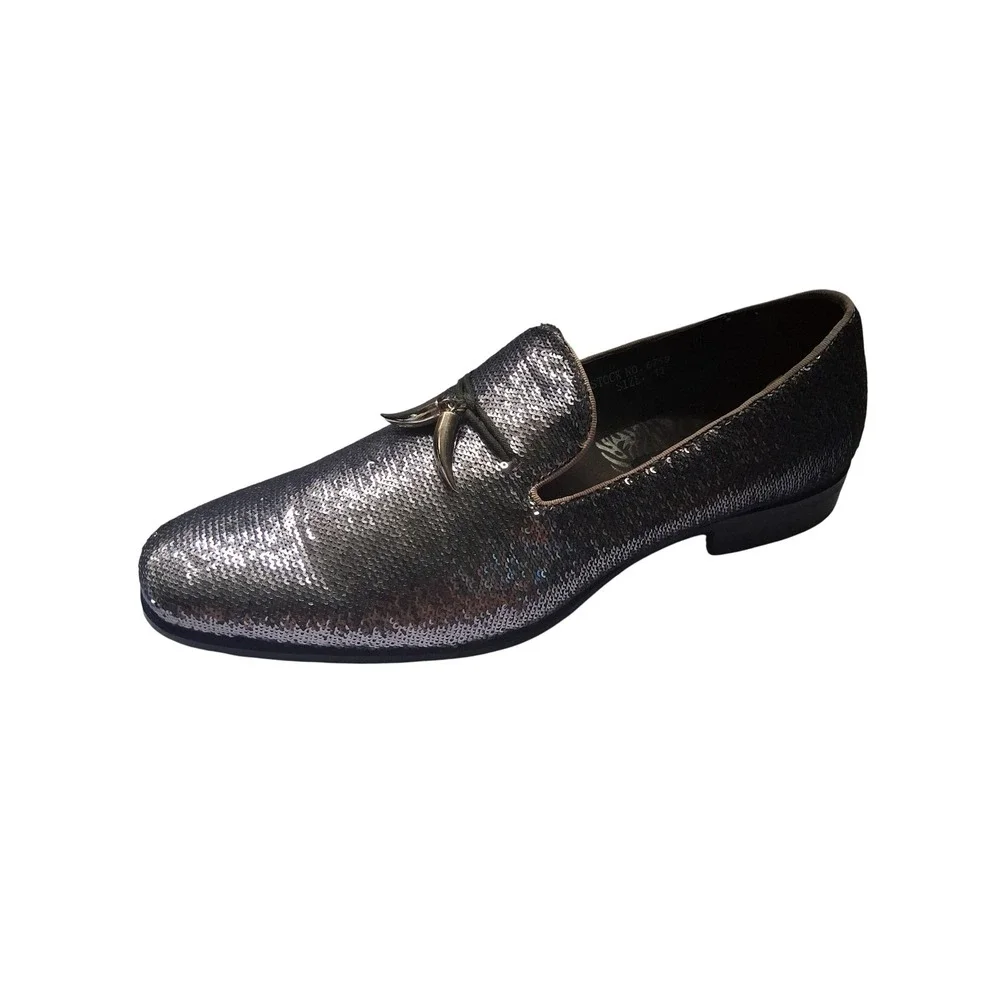 After Midnight Mens Silver Sequin Formal Loafers Horn Tassel Dress Shoes 6759 11